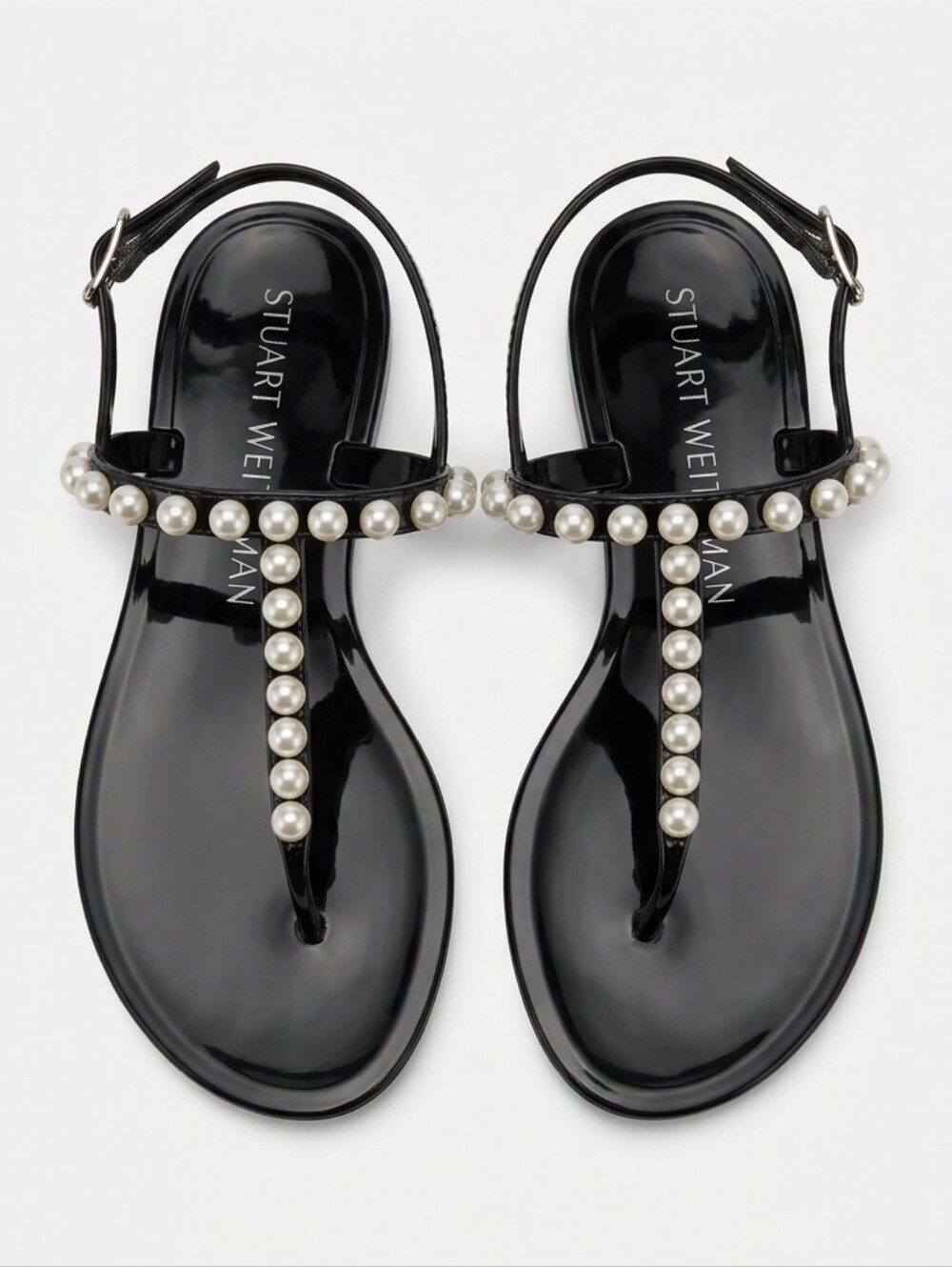 Stuart Weitzman Black Pearl-Embellished T-Strap Sandals